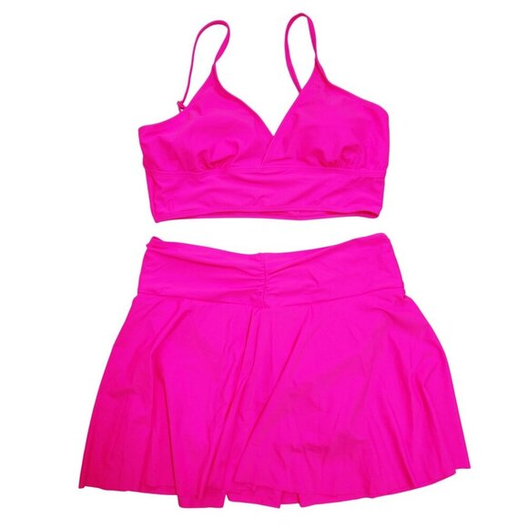 Hot Pink Two-Piece Activewear Set With Ruched Skirt & Padded Top Size XL - Picture 1 of 5